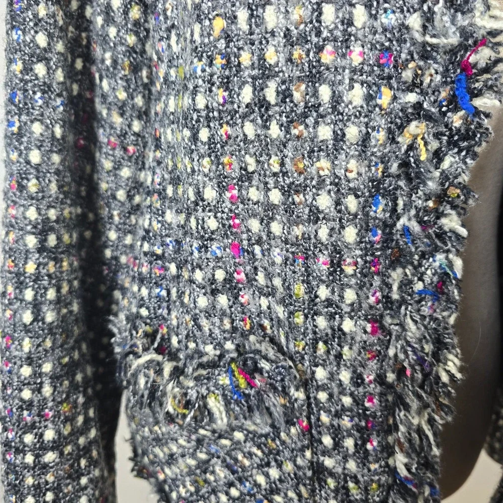 Chico's Women Size 2 Black Multi Color Tweed Fringe Open Front Blazer Jacket - Picture 3 of 5